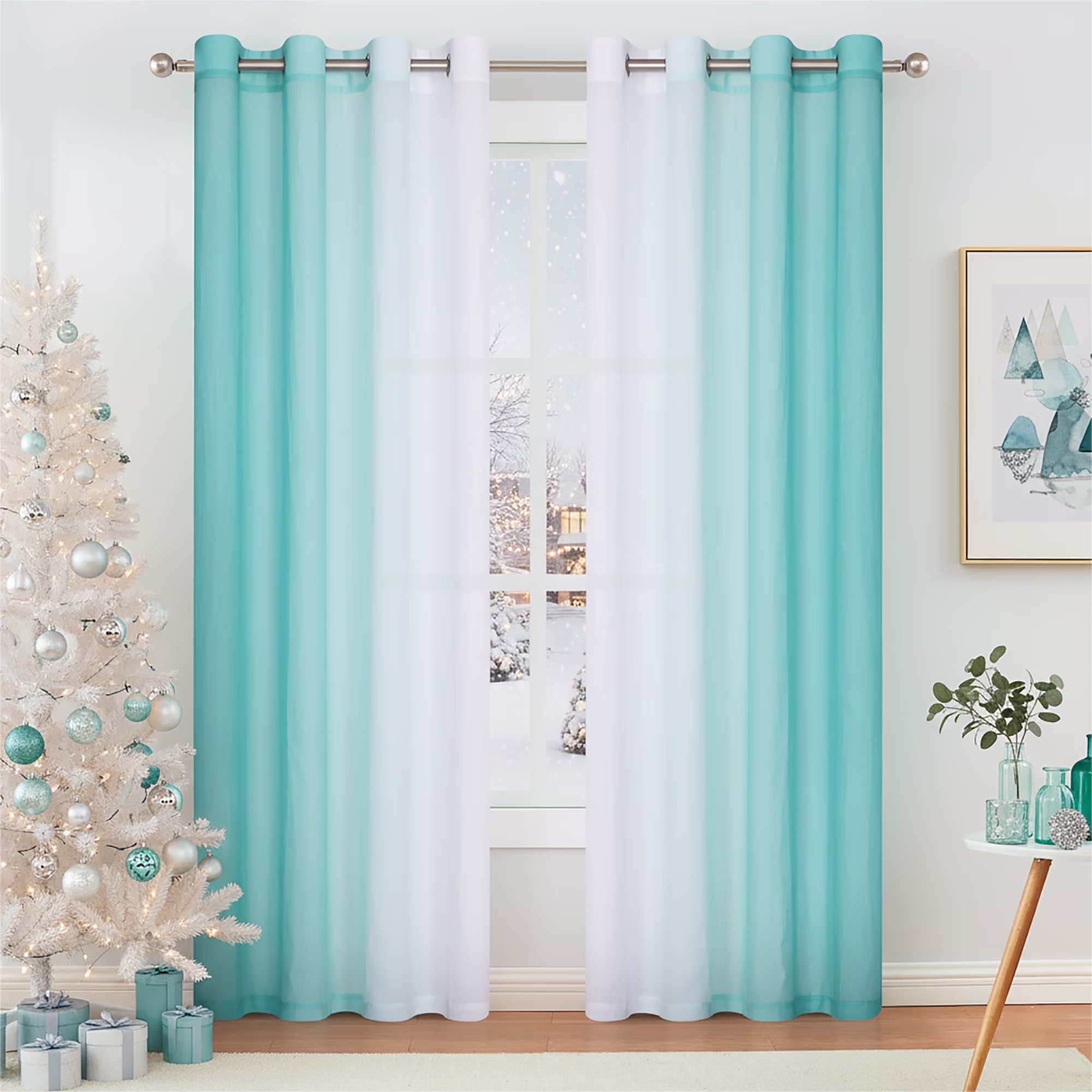 Junvictex Teal Ombre Crushed Chiffon Sheer Curtains 52"Wx84"L for Bedroom Living Room Decor, Set of 2 Crinkle Curtain Panels,Grommet