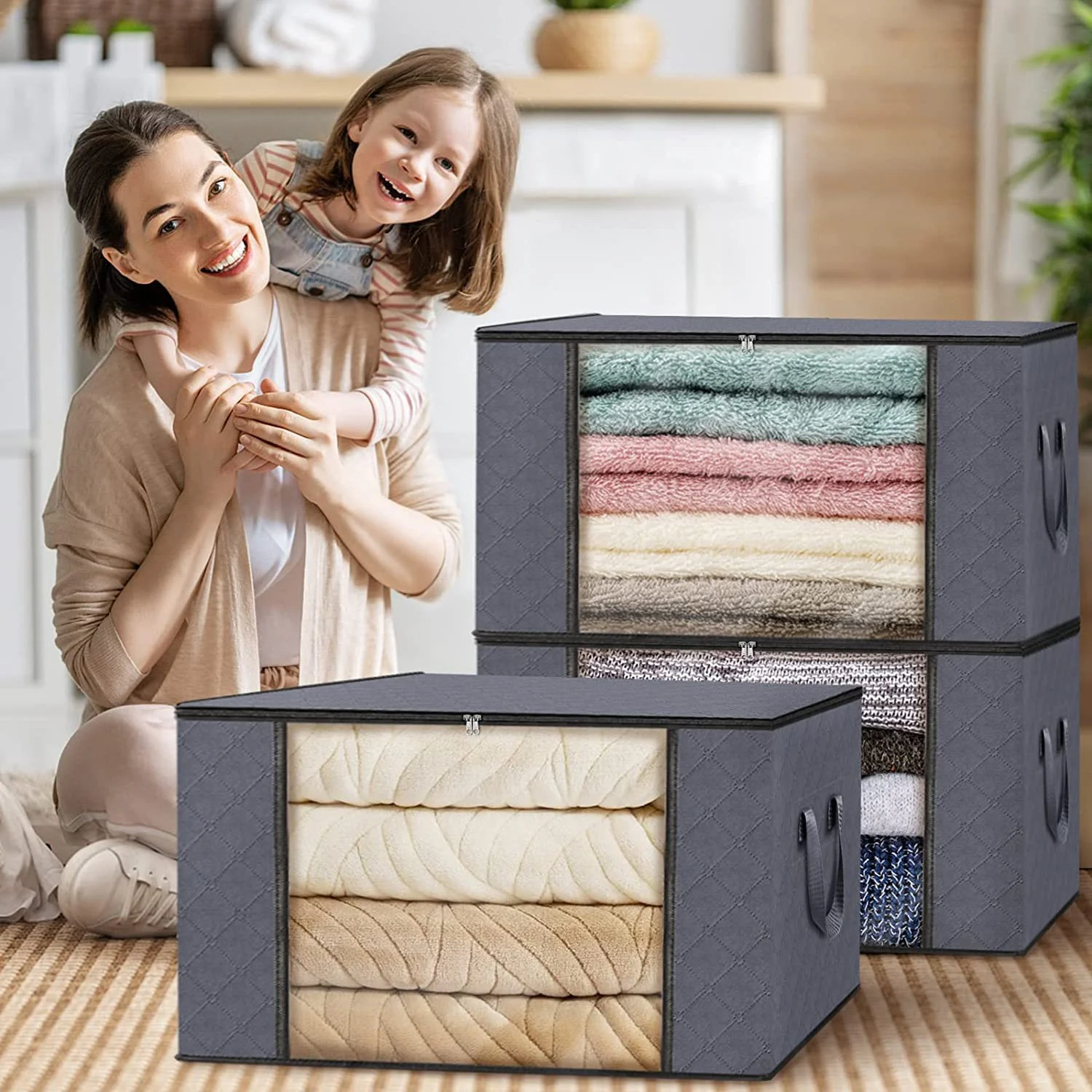 Dofulay 2 Pack Clothes Blanket Storage Bags Clothes Storage Containers 90L Large Capacity Foldable Nonwoven Closet Organizers for Comforters and Bedding,Gray - Image 4