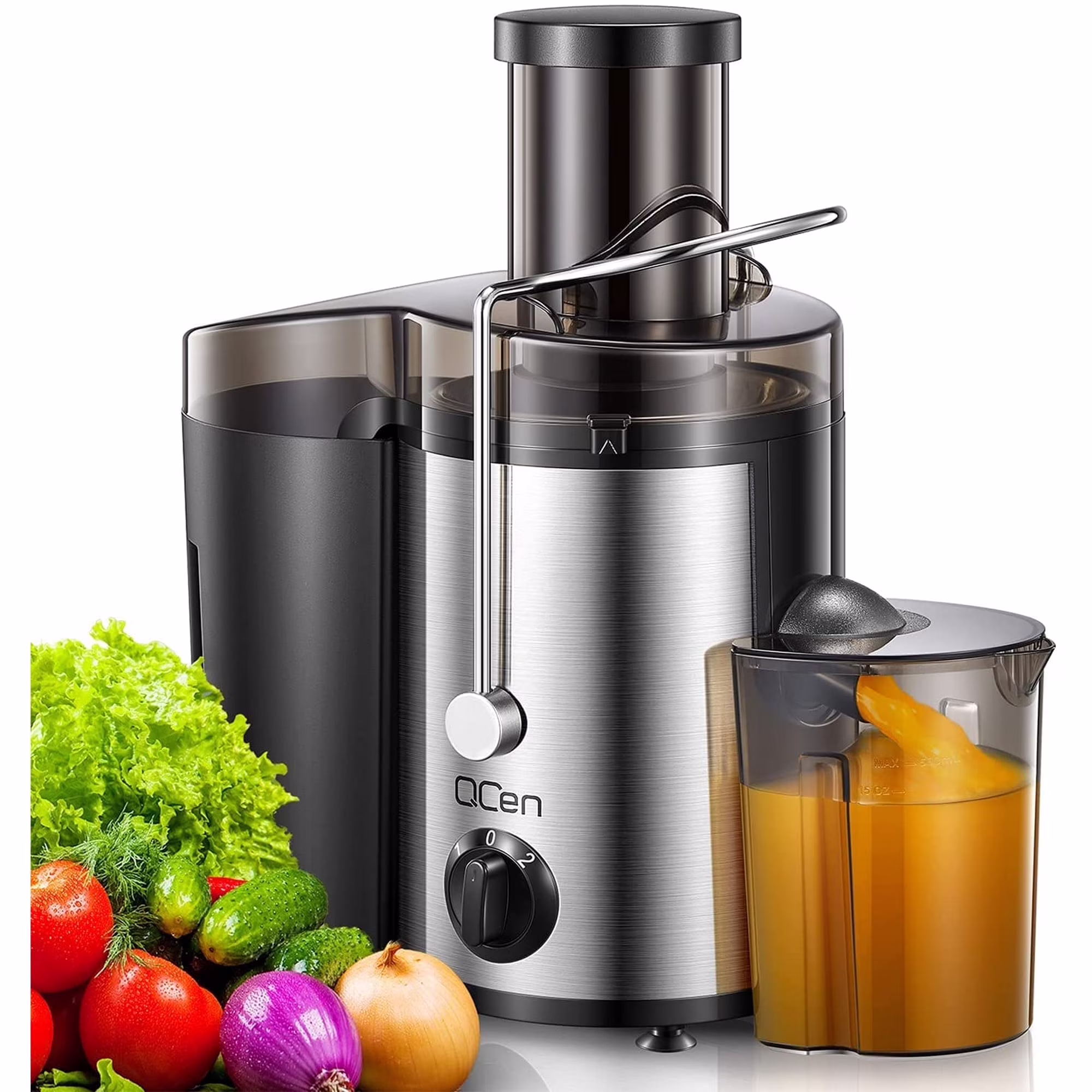 Juicer Machine, Qcen 500W Centrifugal Juicer Extractor with Wide Mouth 3 inch Feed Chute for Fruit Vegetable, Easy to Clean, Stainless Steel, BPA-free