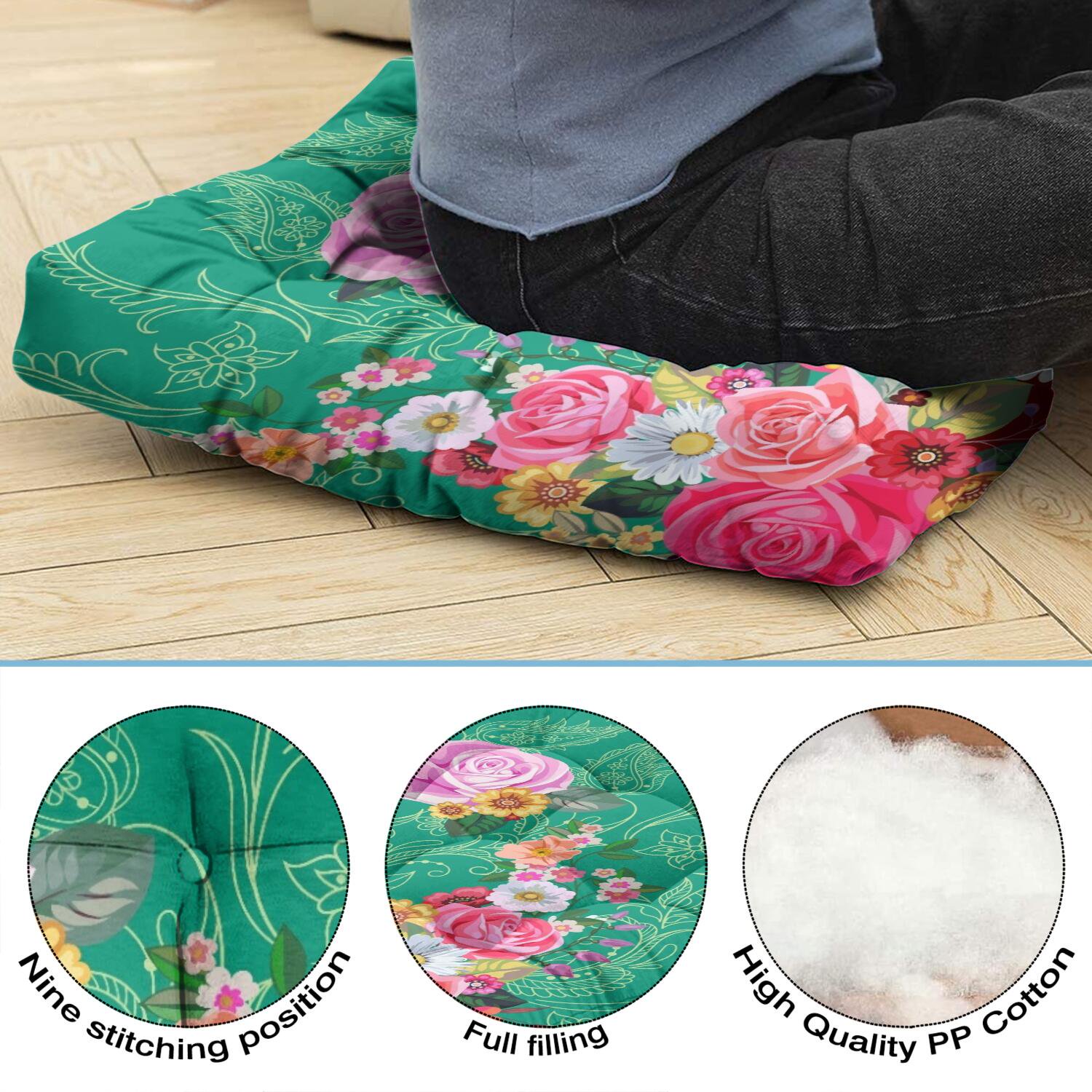 Elegant Floral Tatami Mat Seat - Oversized Decorative Floor Pillow with Abstract Boho Pattern, Soft & Resilient for Long Sitting Sessions - Image 5