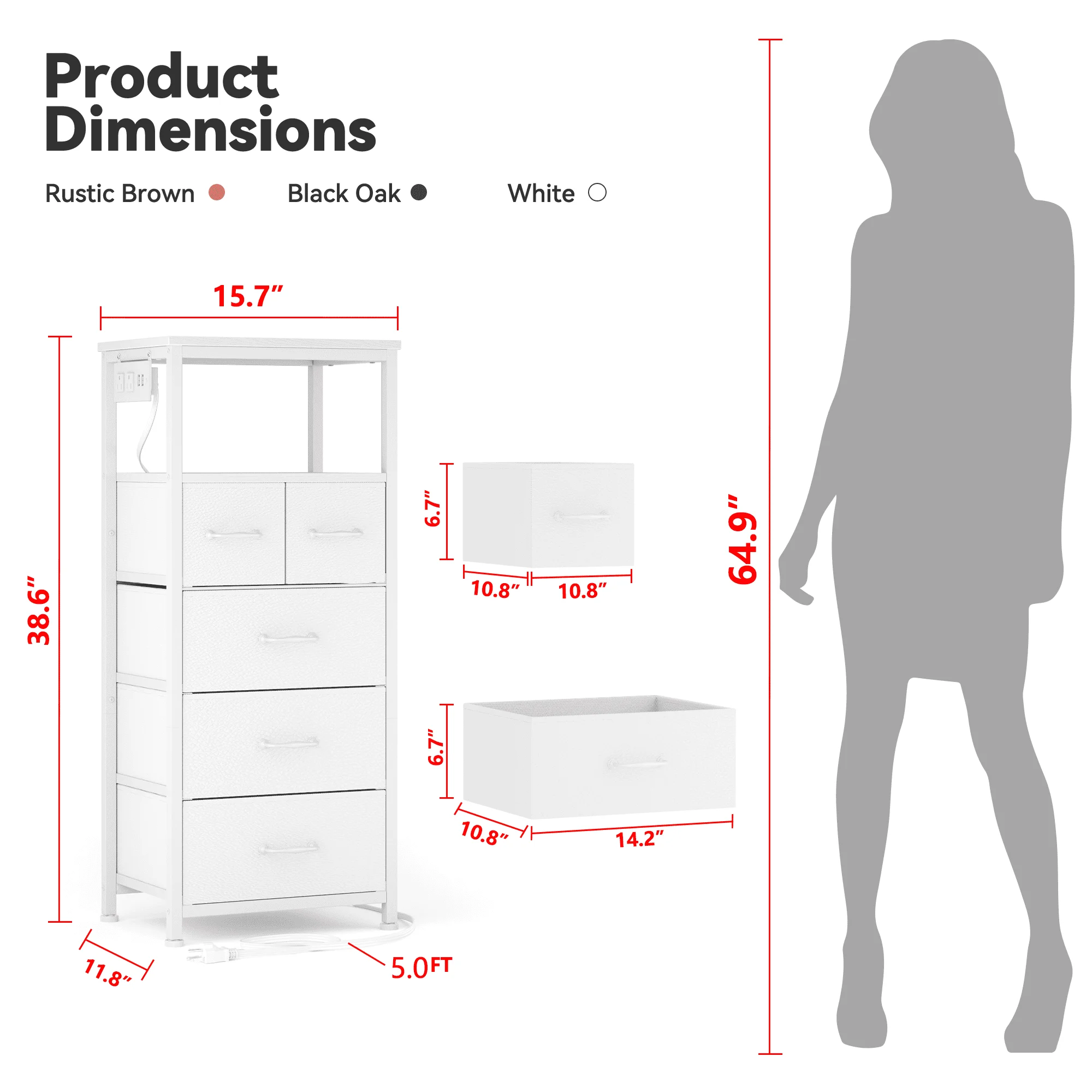 TYDIMOR Small Dresser for Bedroom, 5 Drawer with Charging Station, White, Ideal for Adults - Image 2